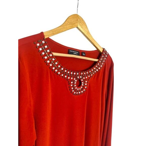 Susan Graver Artisan Top Size Large Burnt Orange Liquid Knit Beaded Blouse - Picture 2 of 5
